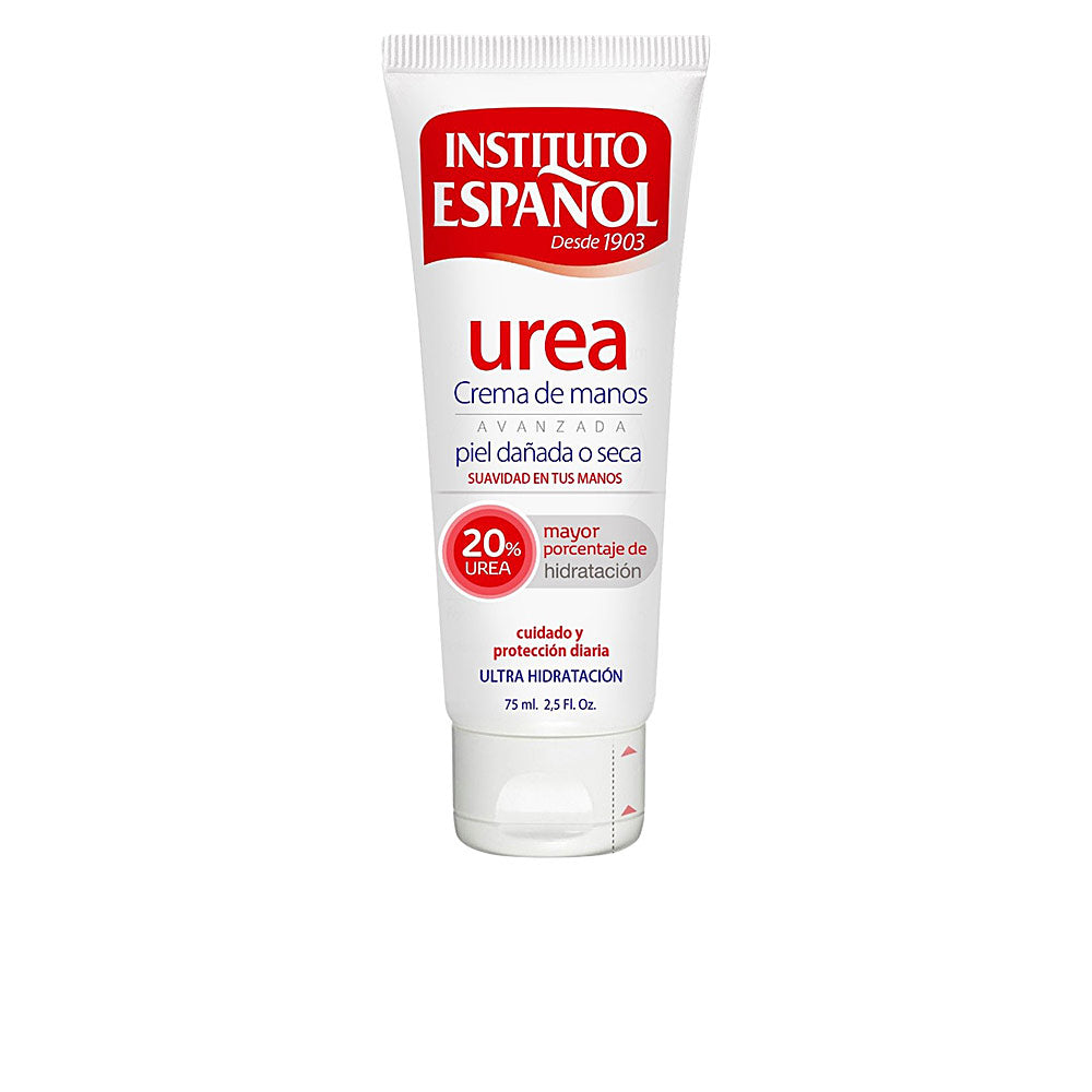 Instituto Español White and red plastic tube of Urea 20% hand cream with flip cap, simple modern design, clean finish