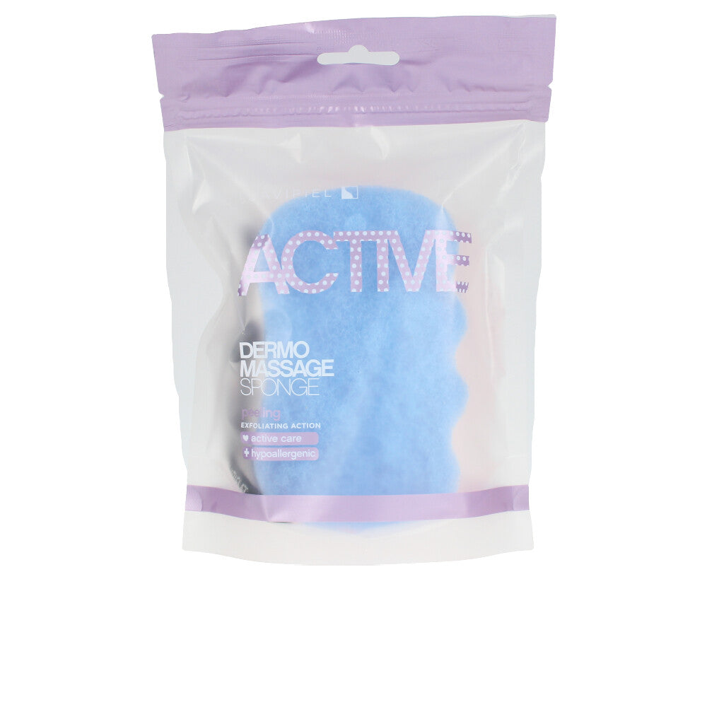 Suavipiel Blue rounded sponge with soft texture, compact size, packaged in a resealable plastic bag