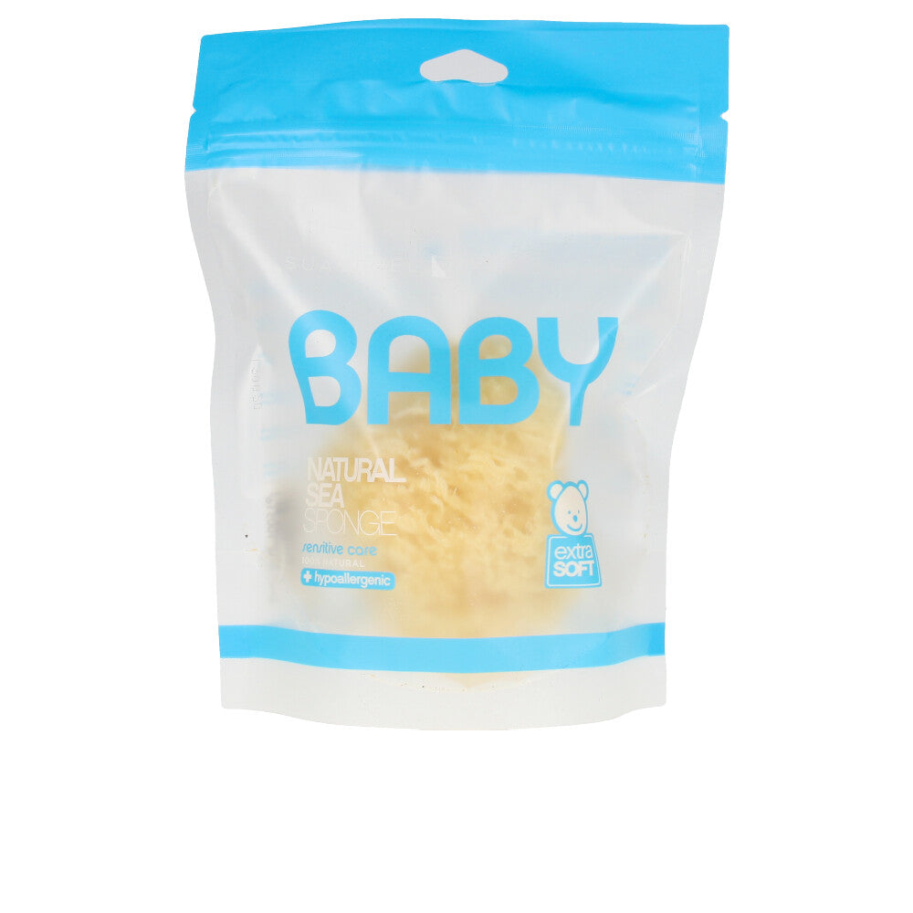 Suavipiel Blue, white, and beige sea sponge in resealable plastic pouch with transparent window and hanging hole