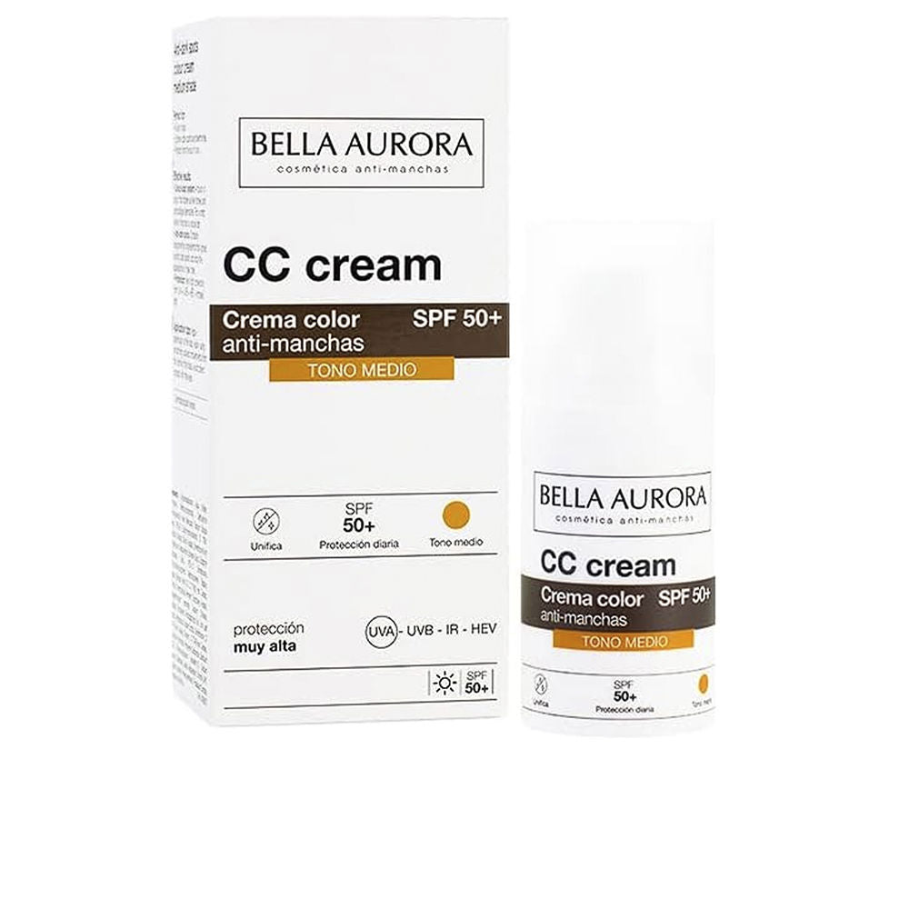 30 ml tinted CC cream tube, medium shade, matte finish, SPF50+