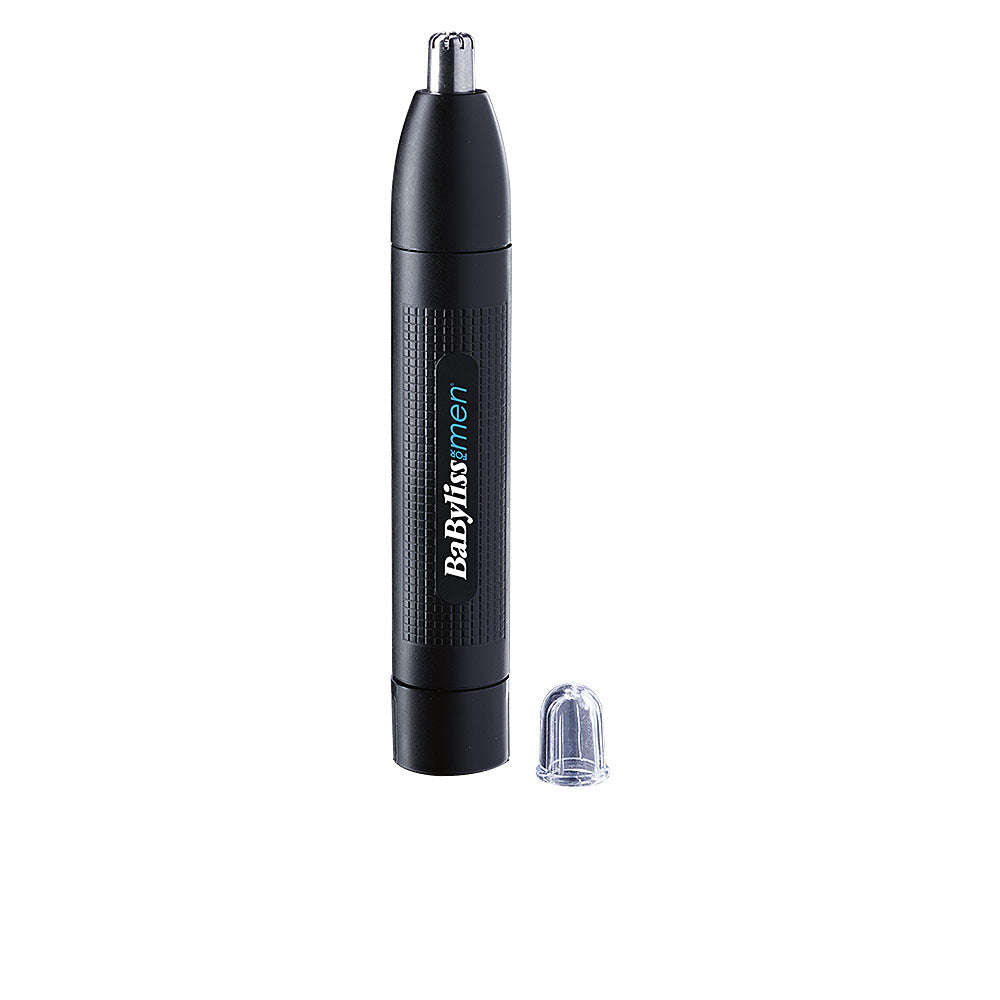 Black cylindrical nose hair trimmer with textured grip, metal trimming head and clear removable cap, Babyliss