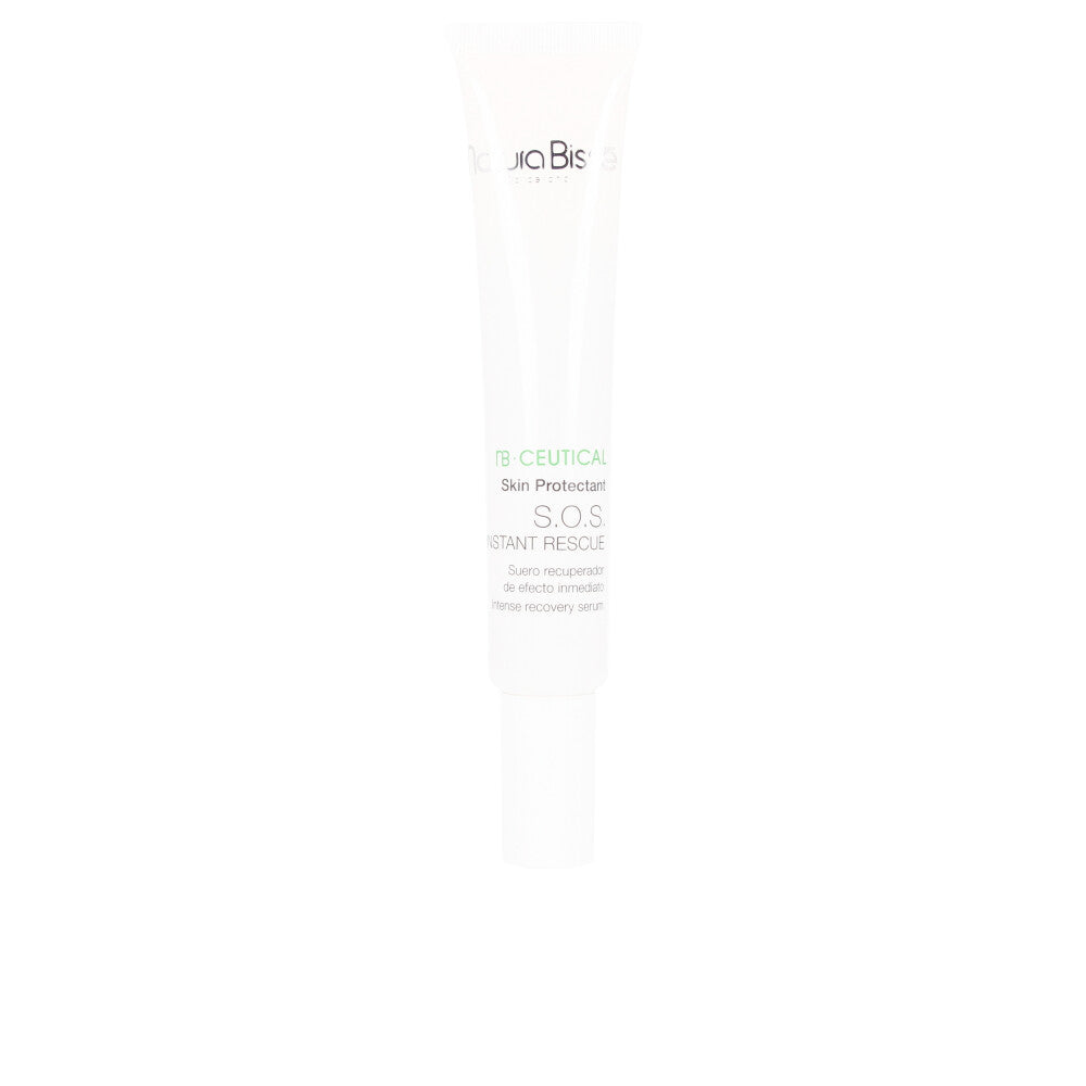 Natura Bissé White plastic tube serum with small nozzle tip, green and black printed text, clinical minimalist packaging