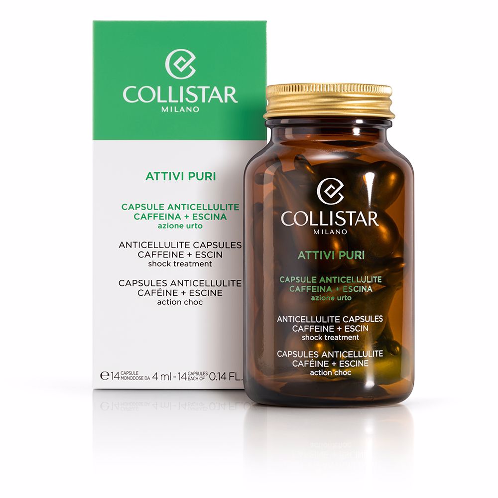 Collistar Transparent amber glass bottle with gold screw cap showing visible capsules and printed front logo