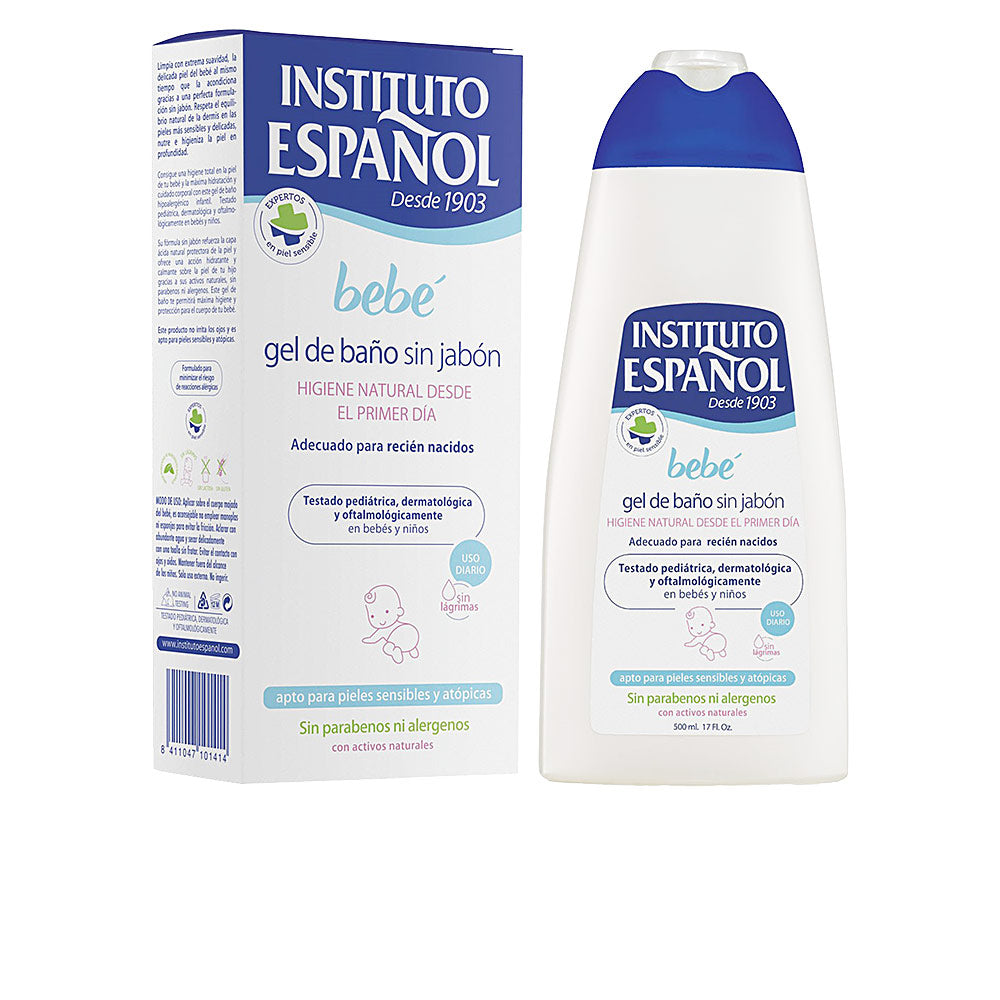Instituto Español White and blue plastic bath gel bottle with flip cap, boxed in cardboard, baby illustration, Instituto Espa 1ol