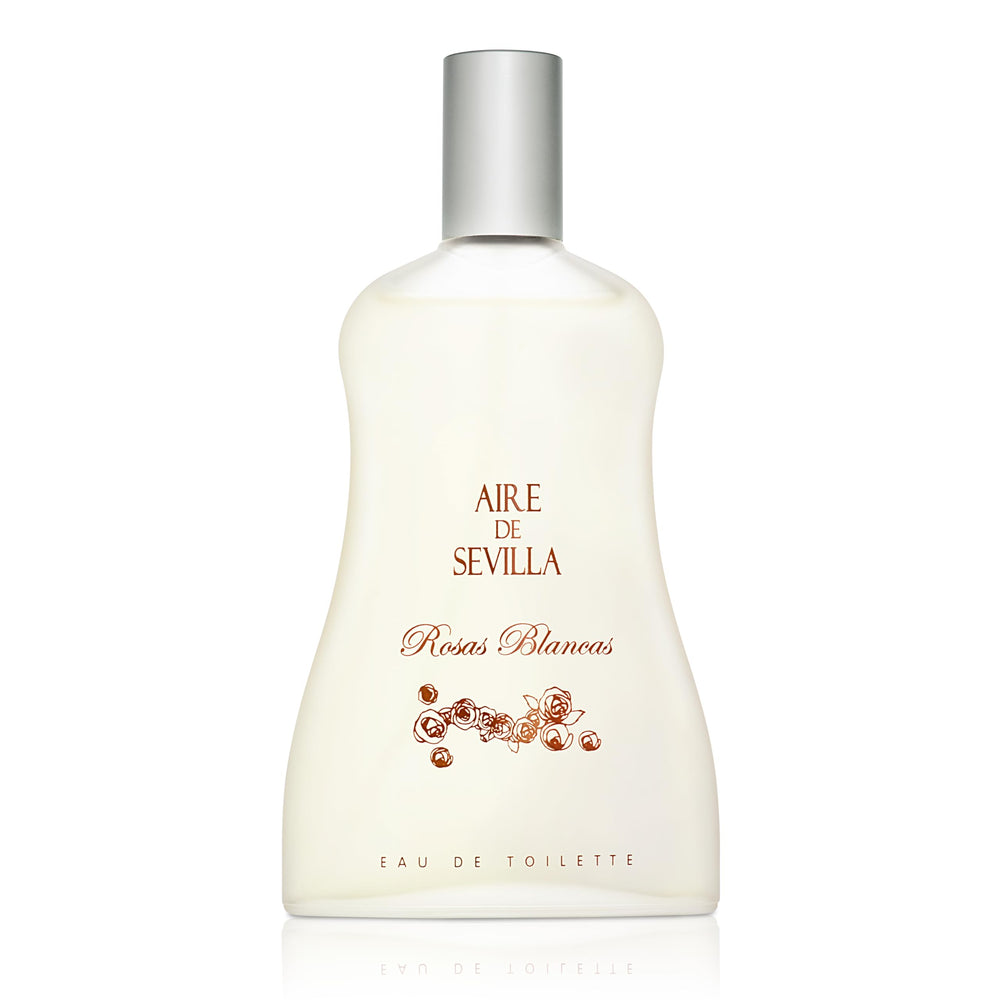 Clear glass perfume bottle with matte silver stopper, labeled Aire Sevilla Rosas Blancas