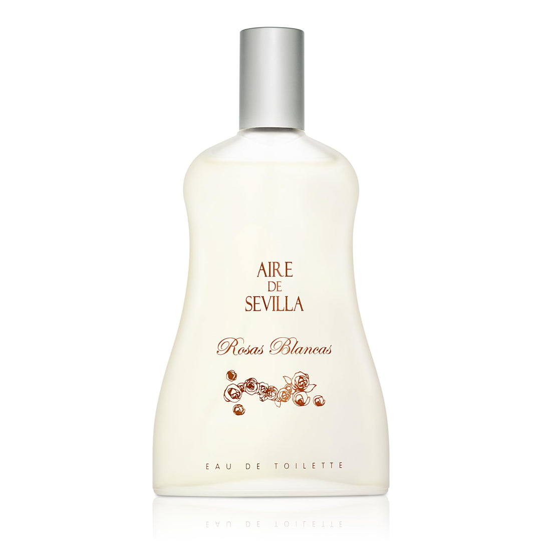 Clear glass perfume bottle with matte silver stopper, labeled Aire Sevilla Rosas Blancas