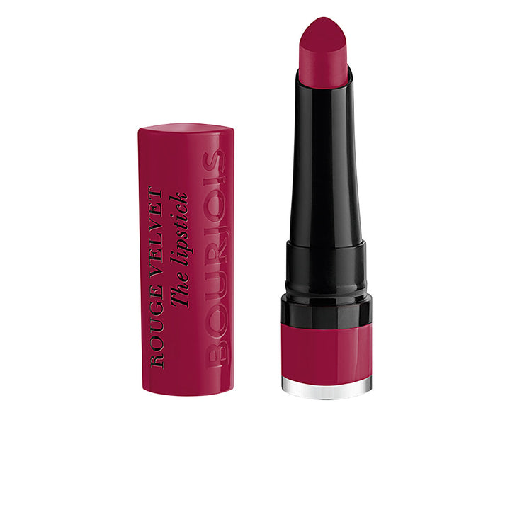 Velvet matte lipstick in deep rose shade with teardrop bullet, 2.4 g tube