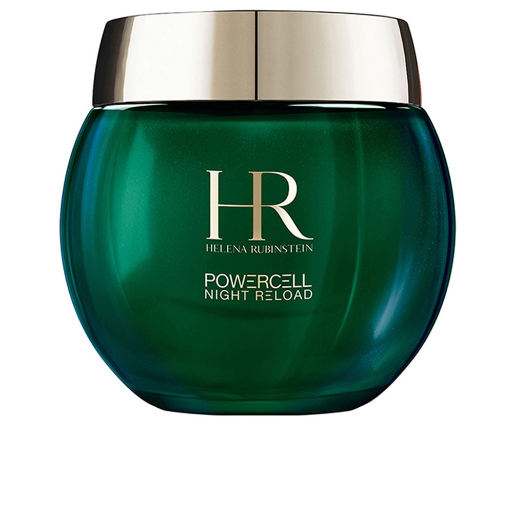 Helena Rubinstein Glass rounded face cream jar in dark green with metallic gold lid, printed logo and glossy finish