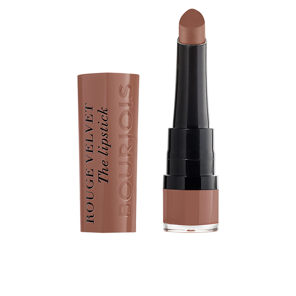 Matte caramel-brown lipstick in teardrop bullet, 2.4 g, sleek tube