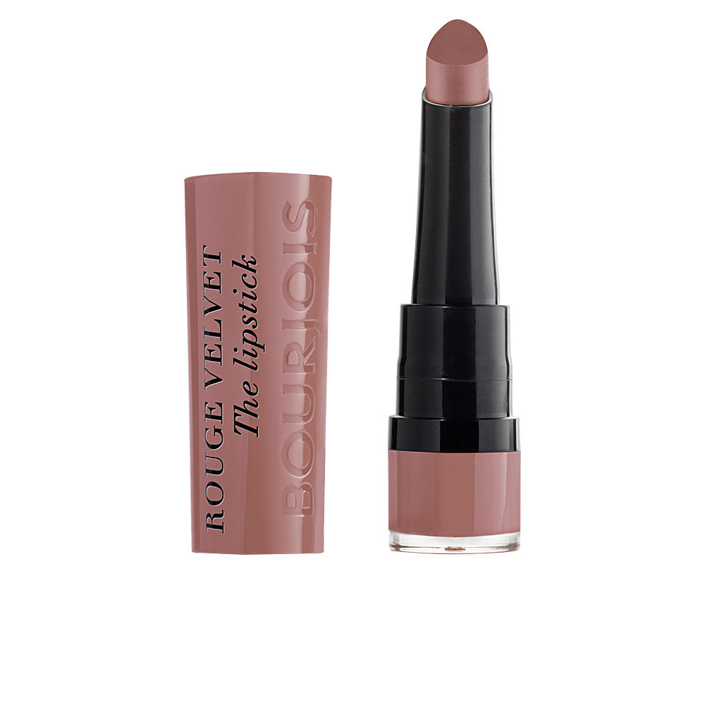 Matte velvet lipstick in deep rose shade, tear-shaped tip, 2.4 g tube