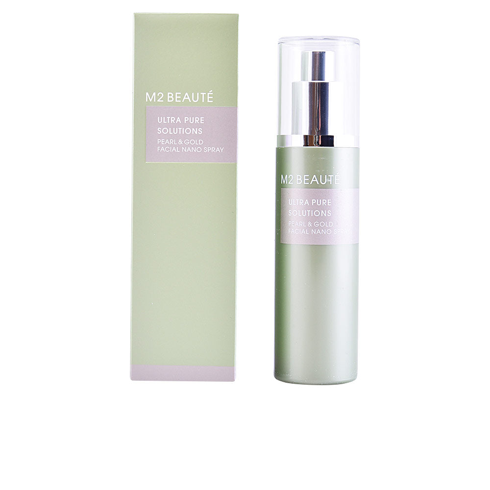 M2-beaut Light green and transparent plastic facial spray with silver pump and clear protective cap, minimalist modern design