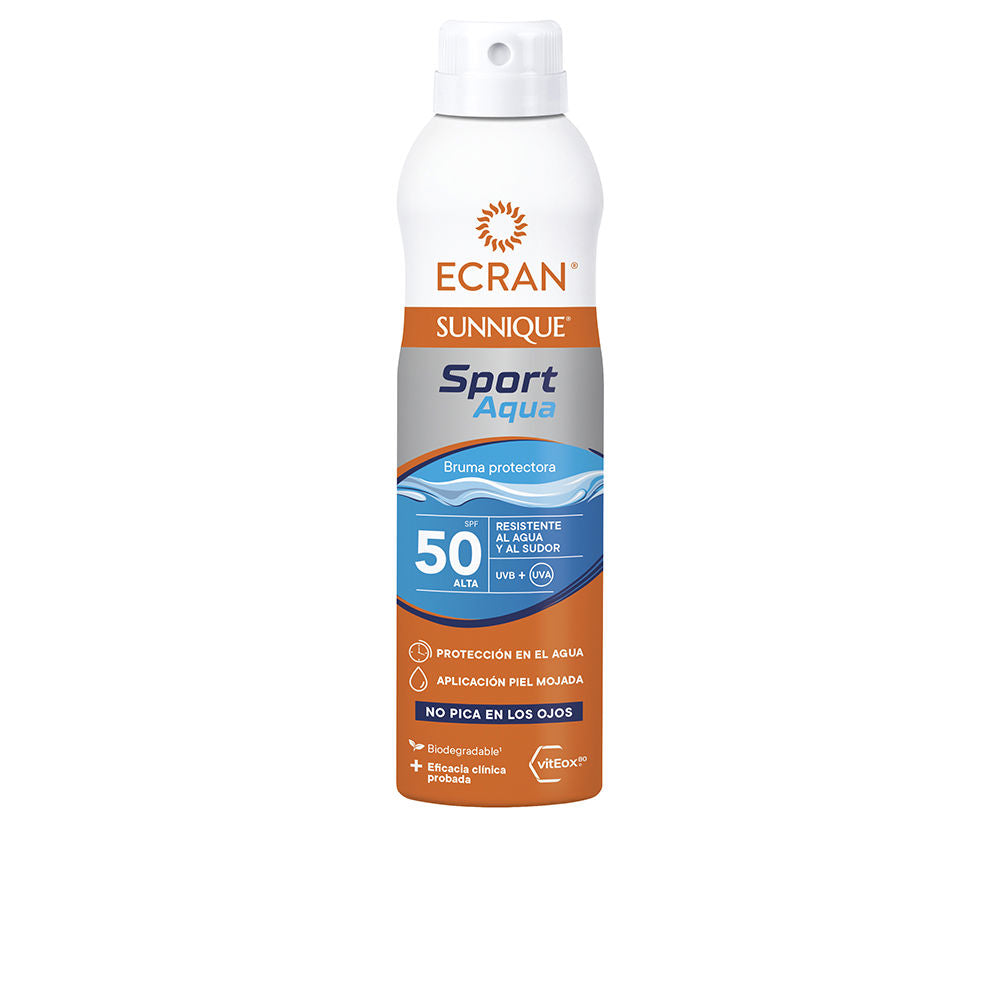 Aqua mist sunscreen spray bottle labeled Ecran Sunique Sport SPF50+ against a white background