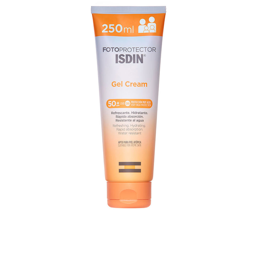 Tube of ISDIN Fotoprotector gel-cream SPF 50 on a neutral background