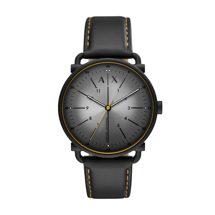 Refined Black Leather and Metal Timepiece with Yellow Accents