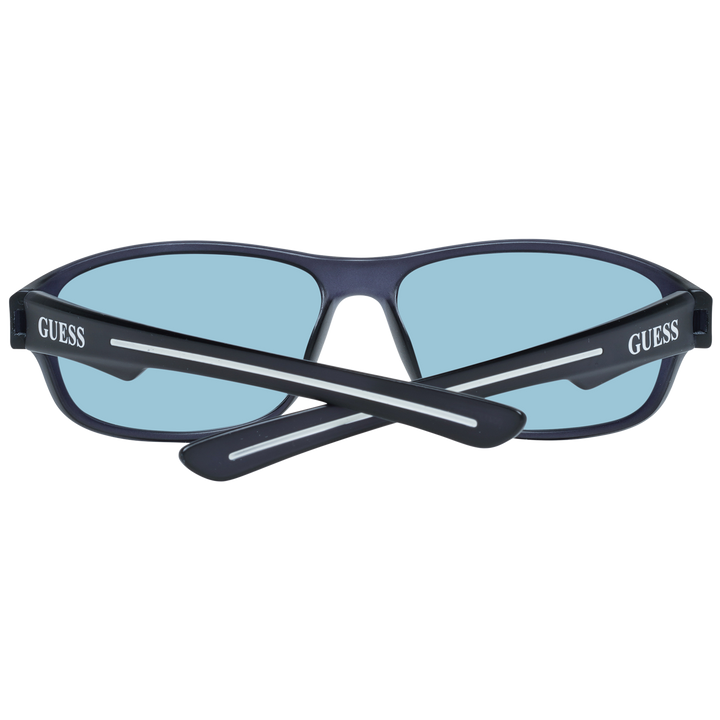 Black plastic rectangular sunglasses with light-blue lenses and curved temples showing temple logo