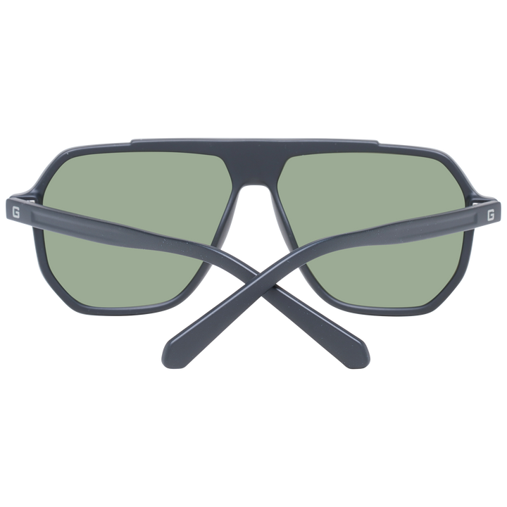 Dark gray plastic rectangular sunglasses with green lenses, double bridge, and logo on temple
