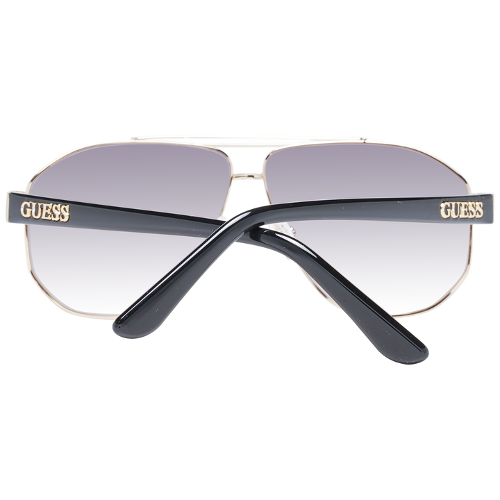 Gold metal aviator sunglasses with double bridge, grey gradient lenses and black plastic temples, logo on temple