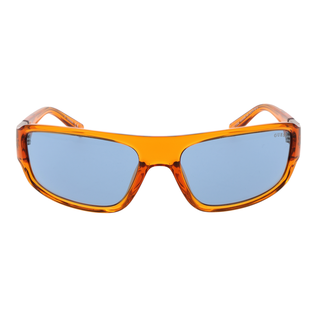 Transparent orange plastic sport sunglasses with rectangular blue lenses and visible logo on lens and temples