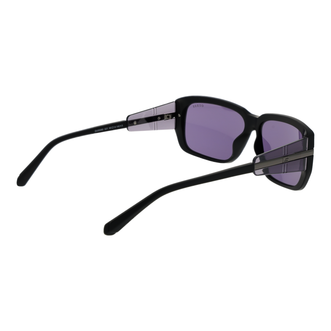 Black plastic rectangular sunglasses with purple lenses and decorative metal-accented side panels on neutral background
