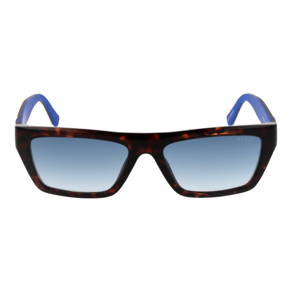 Tortoiseshell rectangular sunglasses with blue gradient lenses and Guess logo on temple and lens