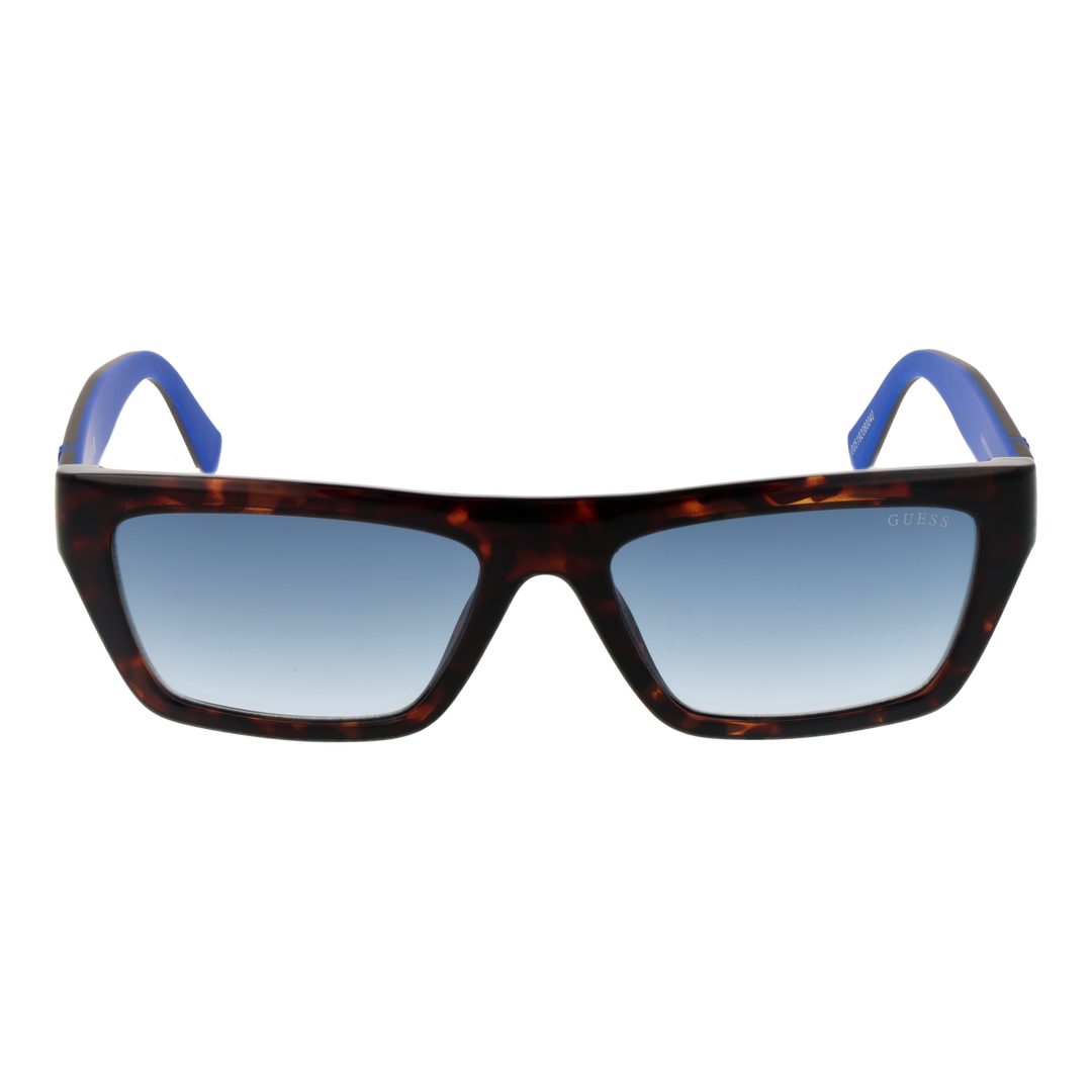 Tortoiseshell rectangular sunglasses with blue gradient lenses and Guess logo on temple and lens