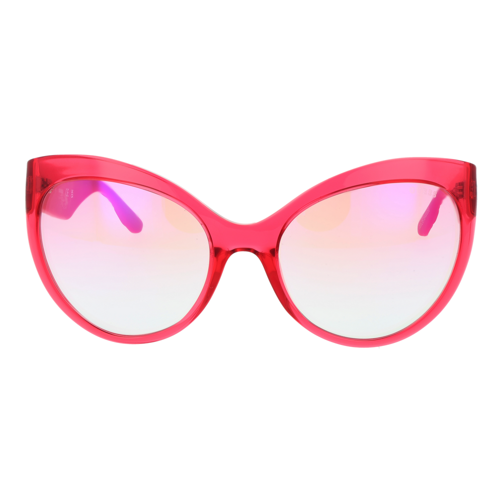 Red plastic cat-eye sunglasses with gradient lenses and embossed patterned temples, metal logo accent on temples