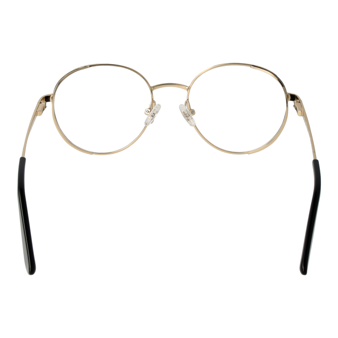 Unisex gold metal round eyeglasses with thin frame and black temple tips, front view on white background.