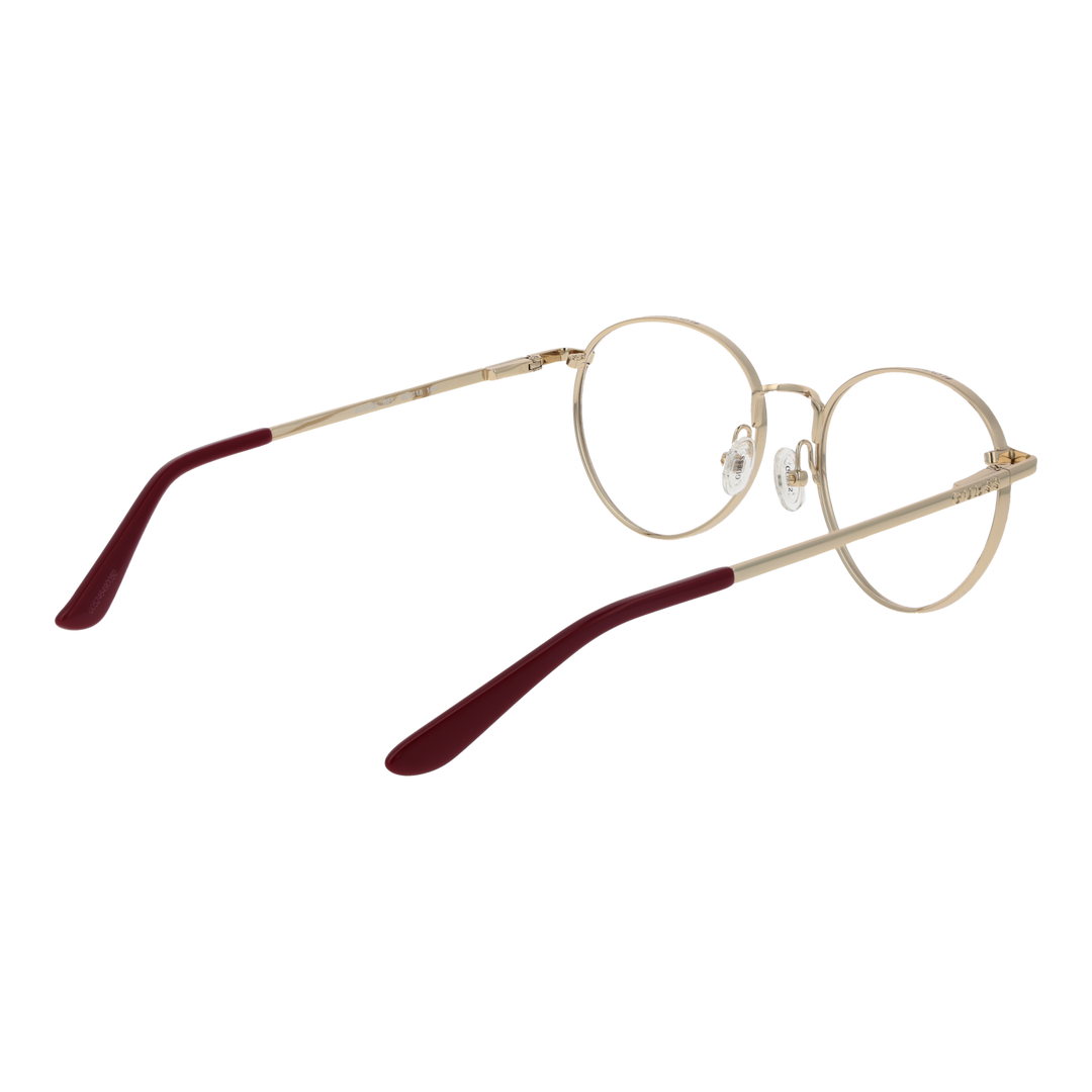 Unisex round eyeglasses in gold metal with red accents, thin frame, adjustable nose pads, and temple tips