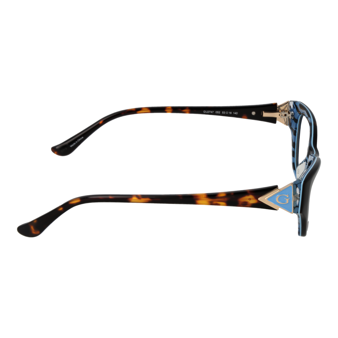 Tortoiseshell cat-eye eyeglasses in brown-black plastic with blue triangular G logo on temples, angled view