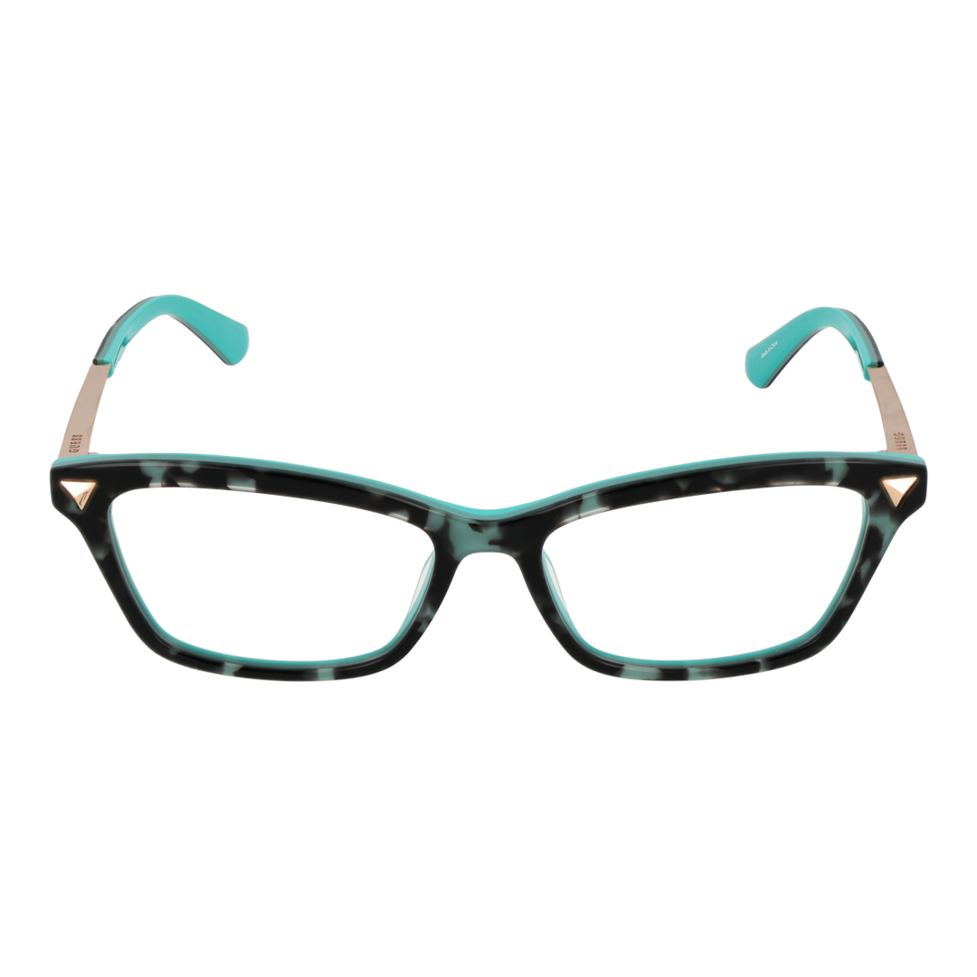 Turquoise and black two-tone rectangular eyeglasses with gold metal temples and triangular corner accents for Women