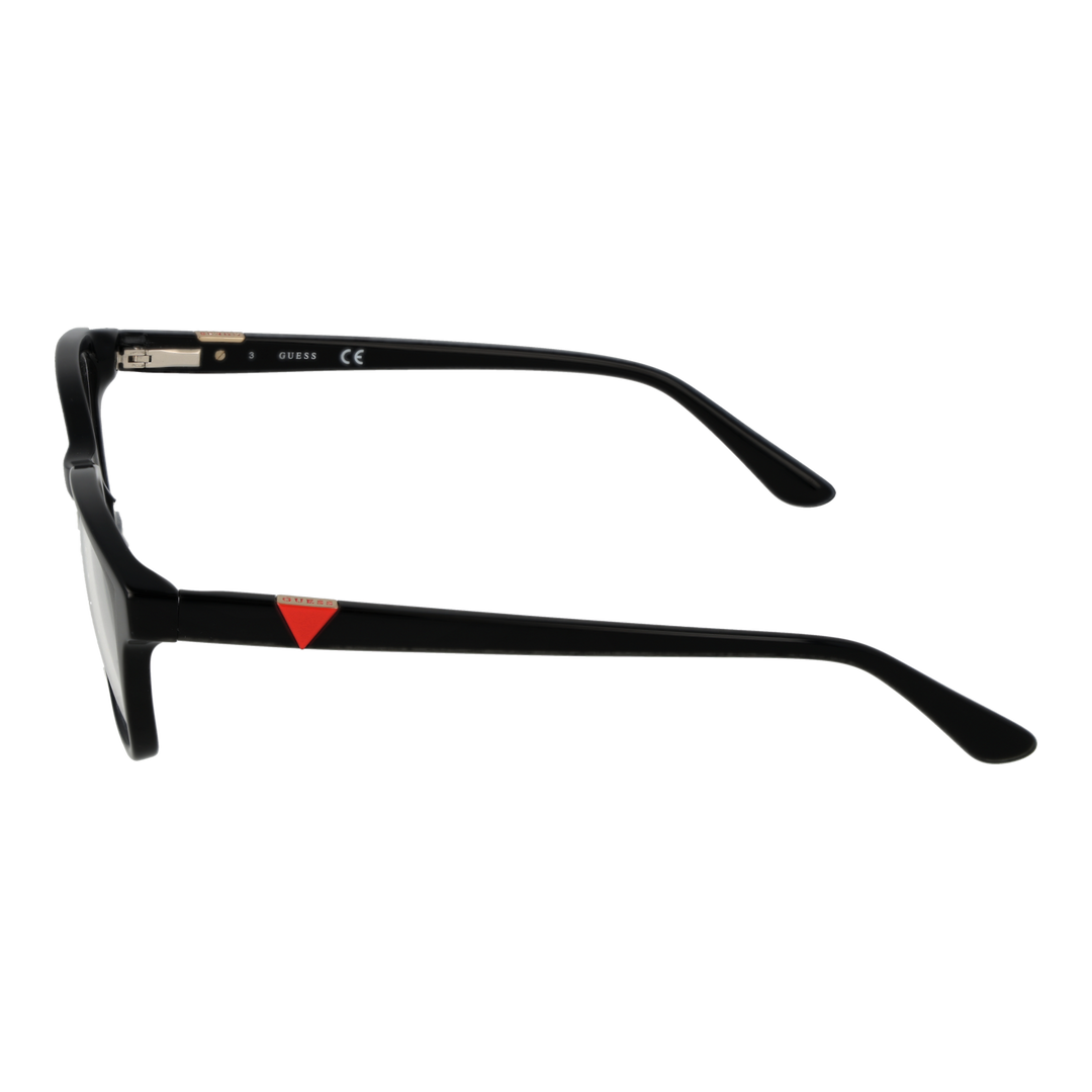 Unisex black full-rim rectangular eyeglasses with red triangular detail on temples, modern plastic frame