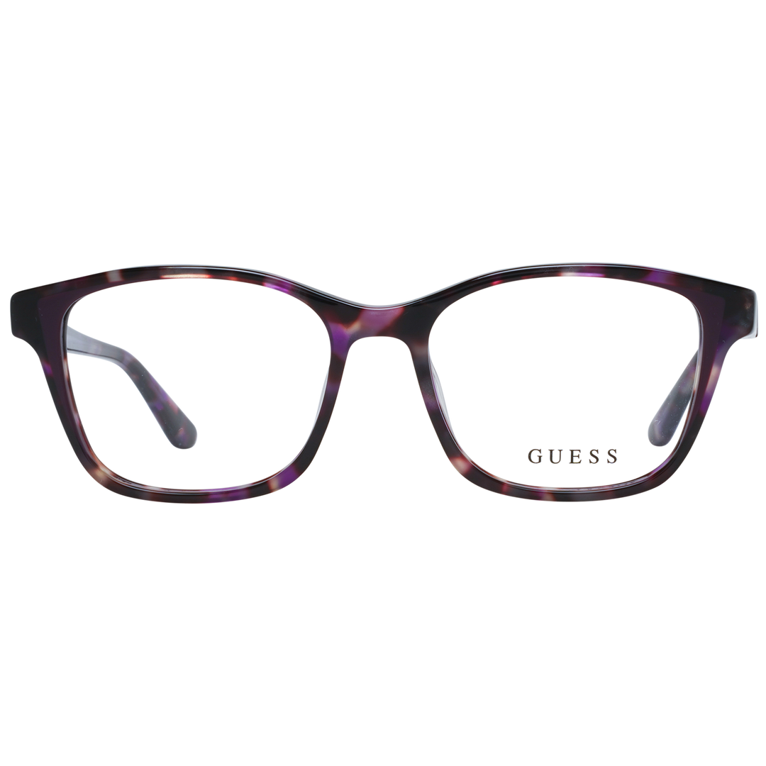 Purple tortoiseshell square eyeglasses in plastic frame with transparent lenses, tapered temples, modern profile