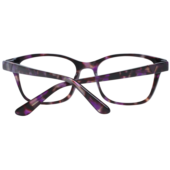 Purple tortoiseshell square eyeglasses in plastic frame with transparent lenses, tapered temples, modern profile