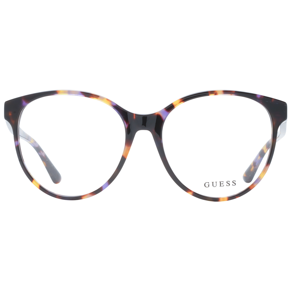 Tortoiseshell round eyeglasses in brown, yellow, and purple tones with full-rim plastic frame and logo temple