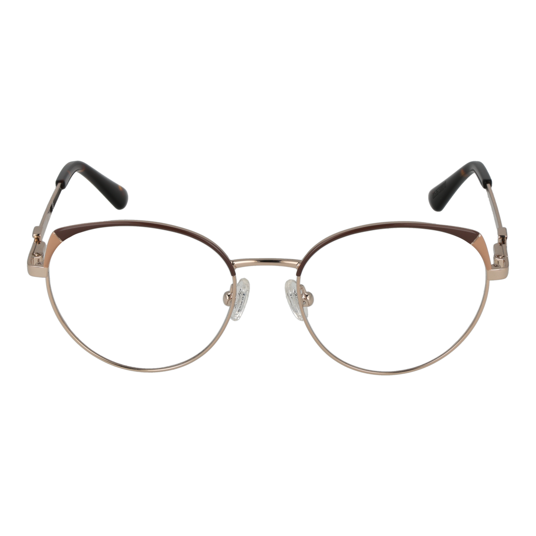 Gold thin metal round eyeglasses with tortoise shell temple tips and adjustable nose pads