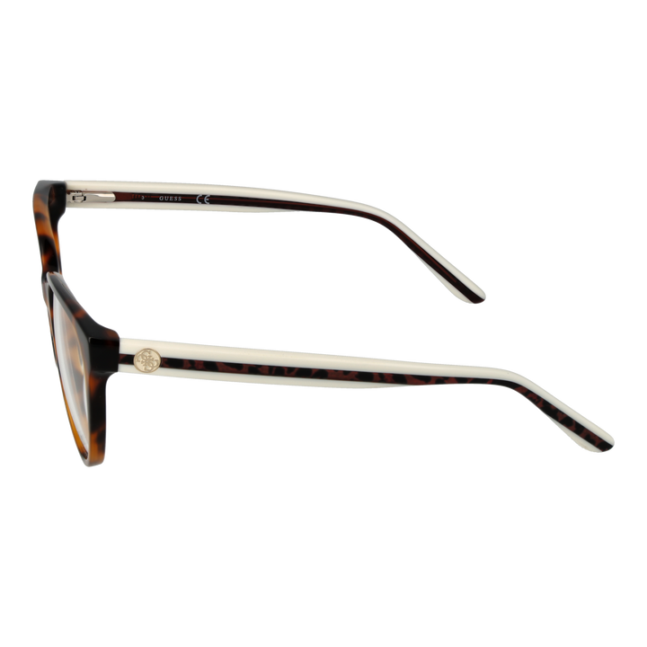 Two-tone tortoise shell brown and white round eyeglasses with gold emblem on temples, plastic frame