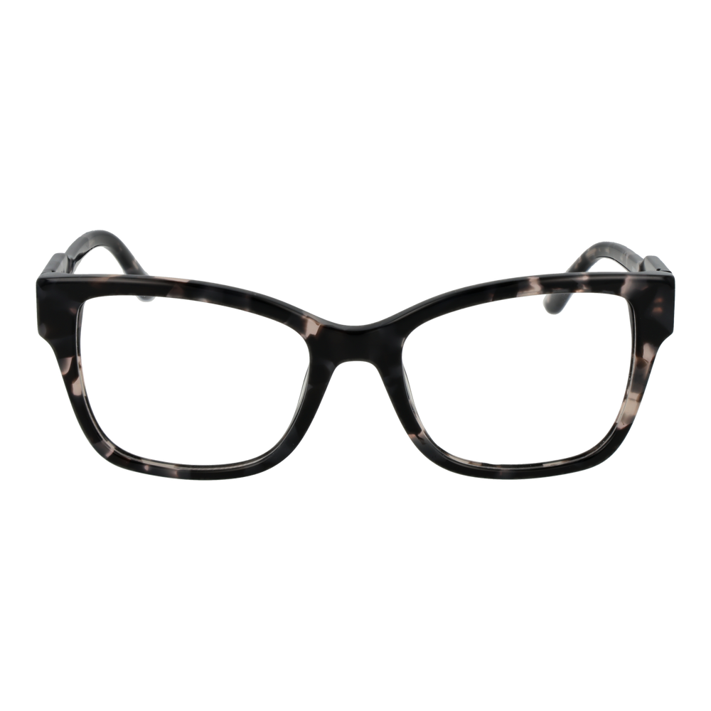 Black and beige tortoiseshell rectangular eyeglasses with thick plastic frame and logo on temple