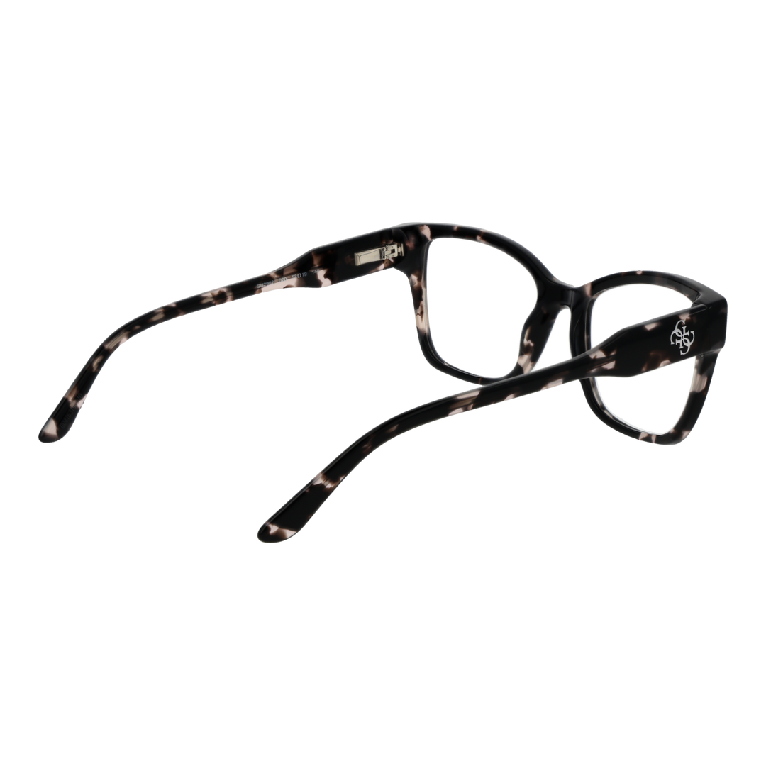 Black and beige tortoiseshell rectangular eyeglasses with thick plastic frame and logo on temple