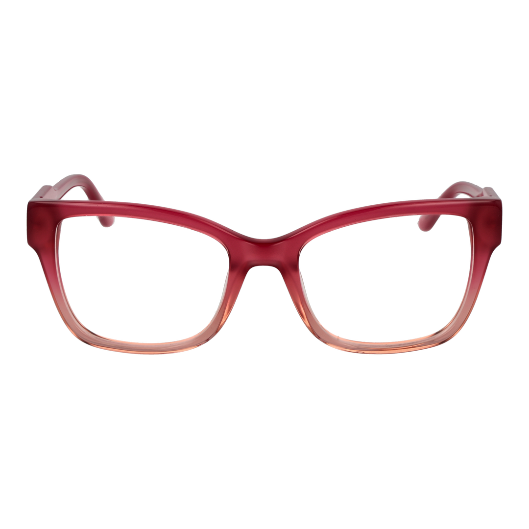 Red-to-peach gradient square eyeglasses with transparent lower rim and logo on temple, modern plastic frame