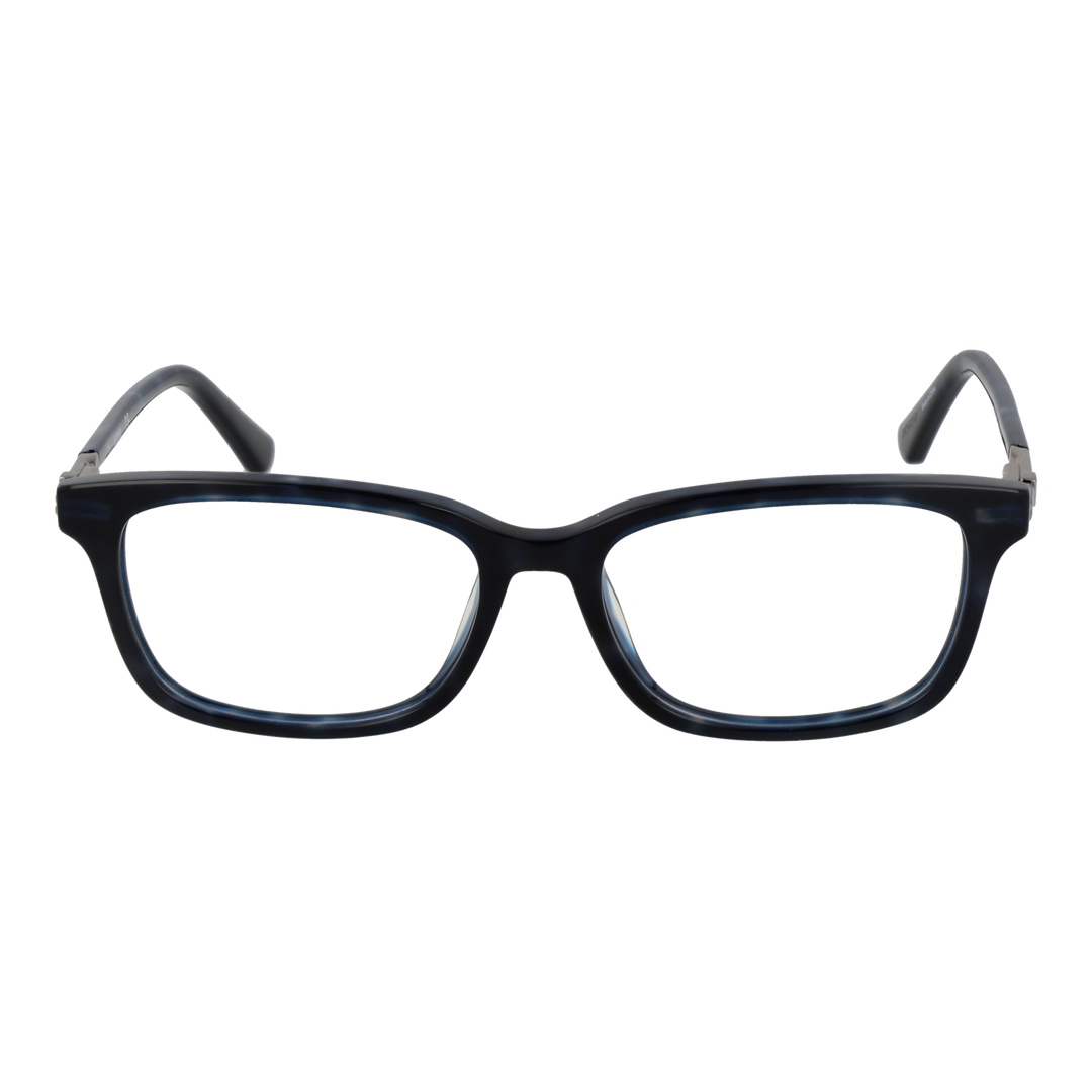 Unisex black rectangular eyeglasses with subtle blue tones, metal hinges and curved temple tips on studio background.