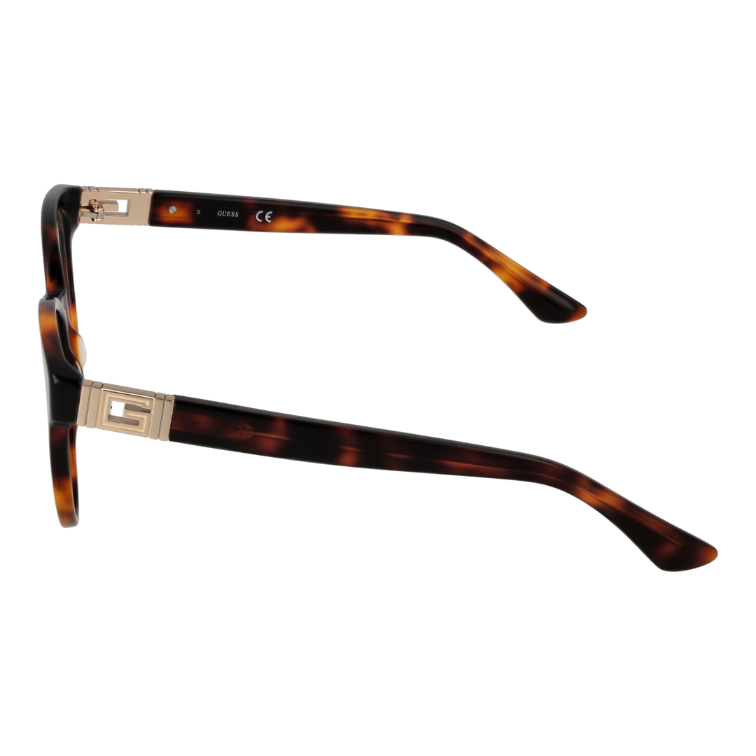Guess tortoiseshell round eyeglasses for Women with gold temple accents and brown-black pattern