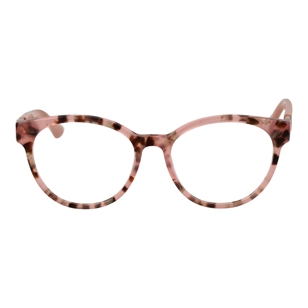 Pink tortoiseshell round eyeglasses in glossy plastic with brown accents and metal logo on temples