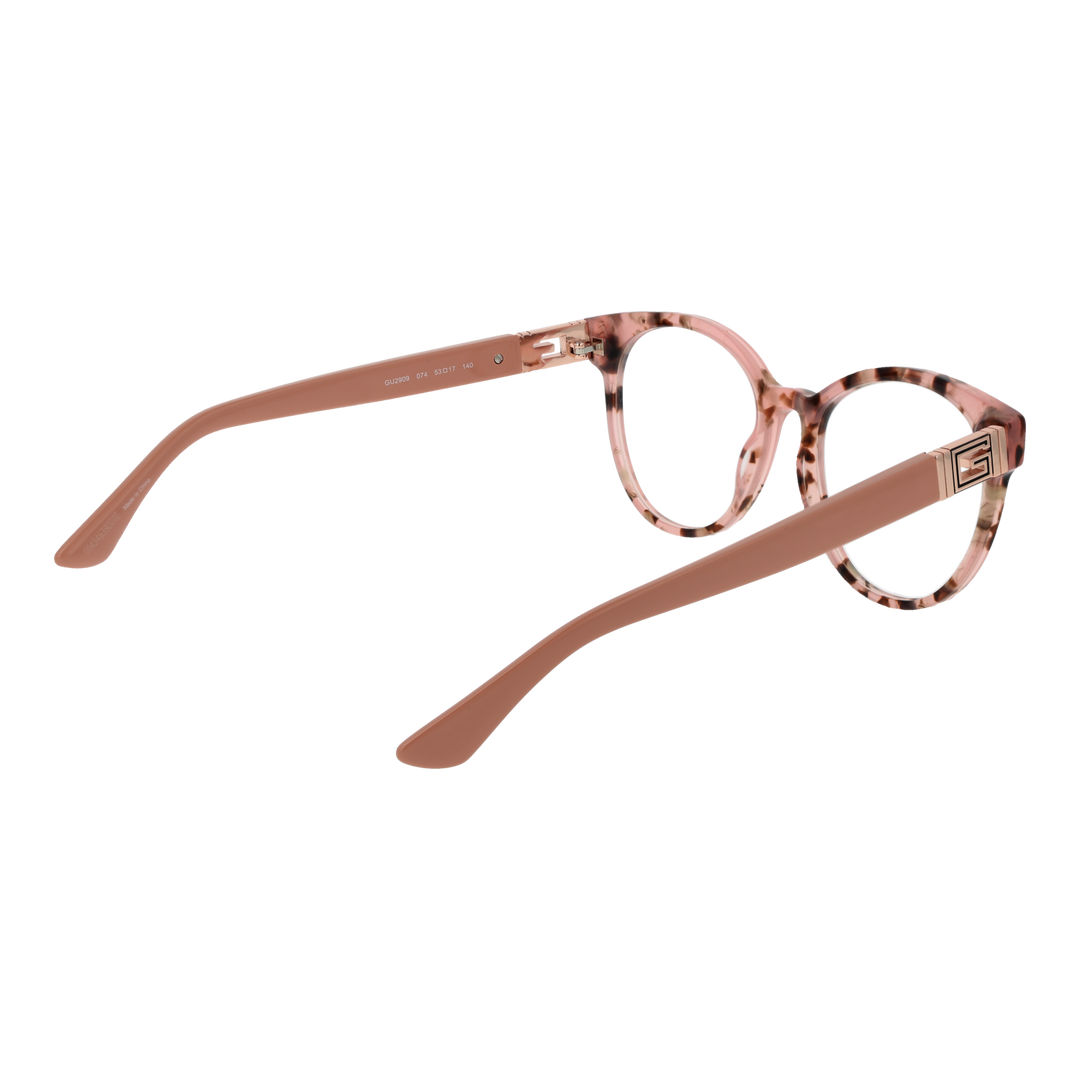 Pink tortoiseshell round eyeglasses in glossy plastic with brown accents and metal logo on temples
