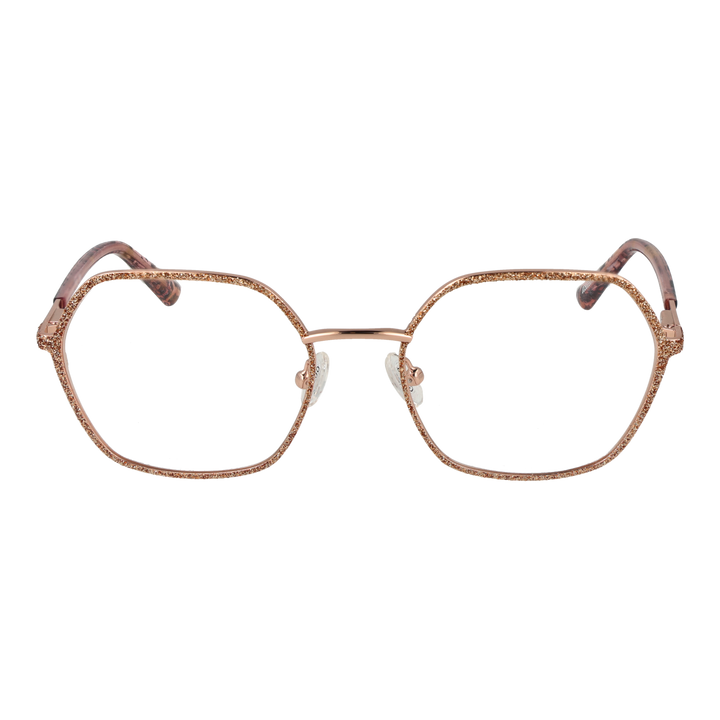 Rose gold geometric eyeglasses with glittery metal front and leopard-print plastic temples for Women