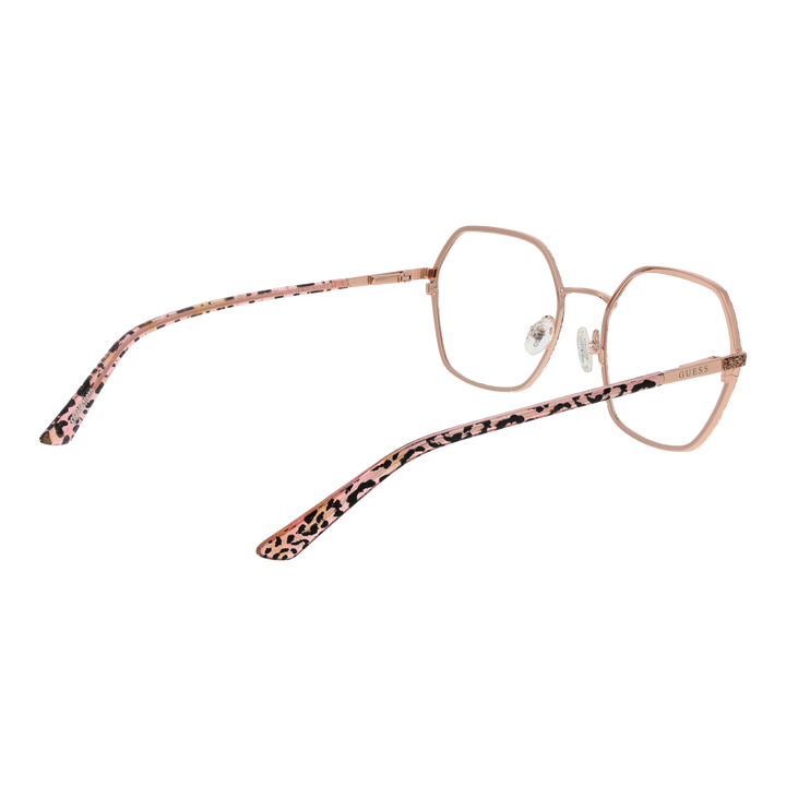 Rose gold geometric eyeglasses with glittery metal front and leopard-print plastic temples for Women