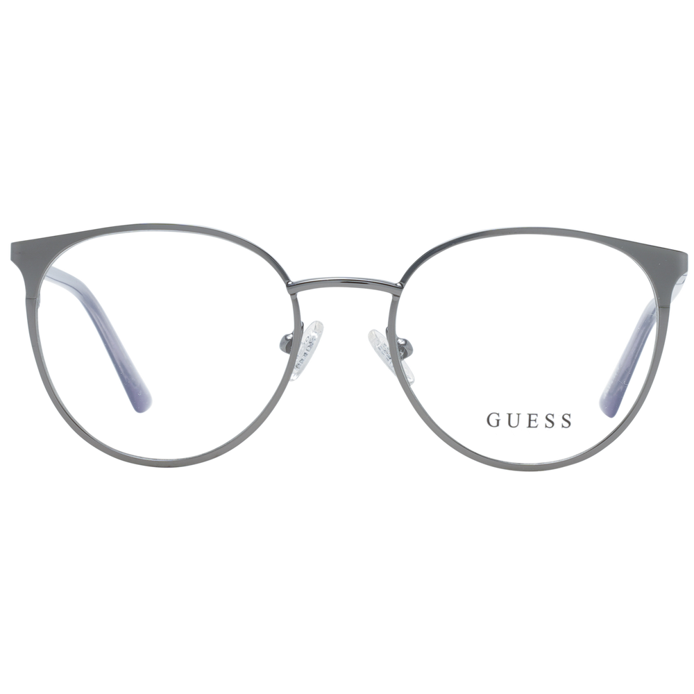 Gray thin metal round eyeglasses on neutral background with adjustable nose pads and minimalist full-rim frame