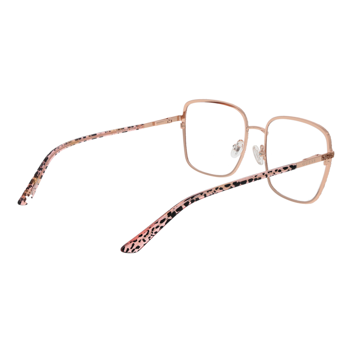 Rose-gold metal square eyeglasses with glittery front, black patterned temple tips, adjustable nose pads