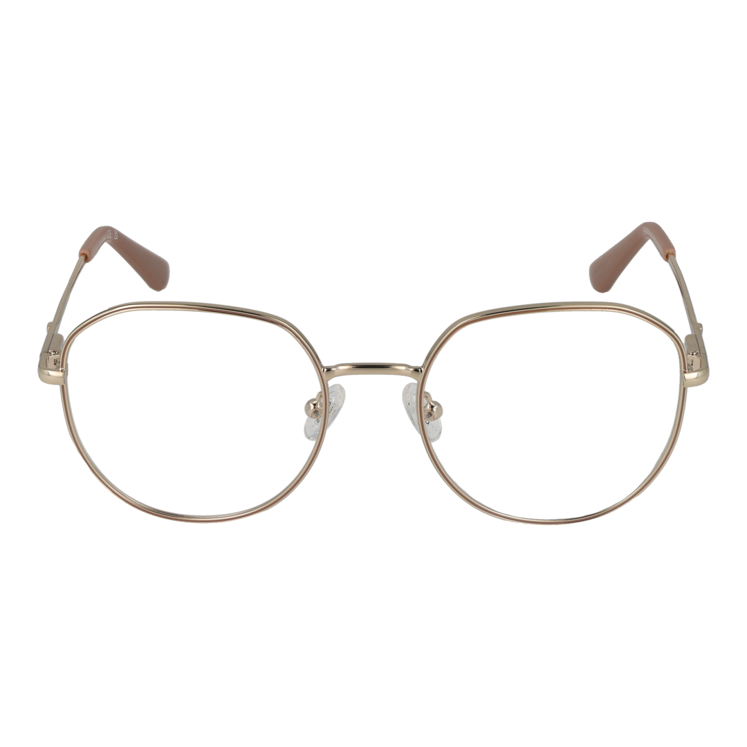 Unisex gold metal rounded-square eyeglasses with thin temples and adjustable nose pads on white background