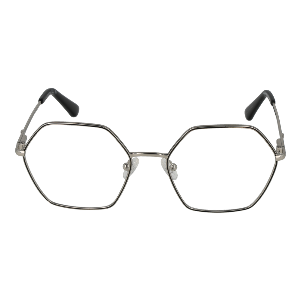 Unisex silver hexagonal metal eyeglasses with thin temples and black temple tips on white background