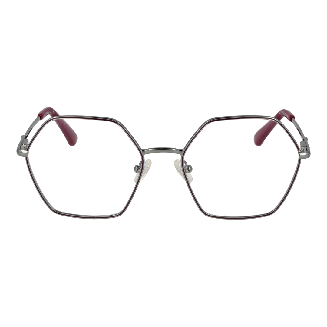 Silver hexagonal eyeglasses with thin metal frame and burgundy plastic temple tips on white background